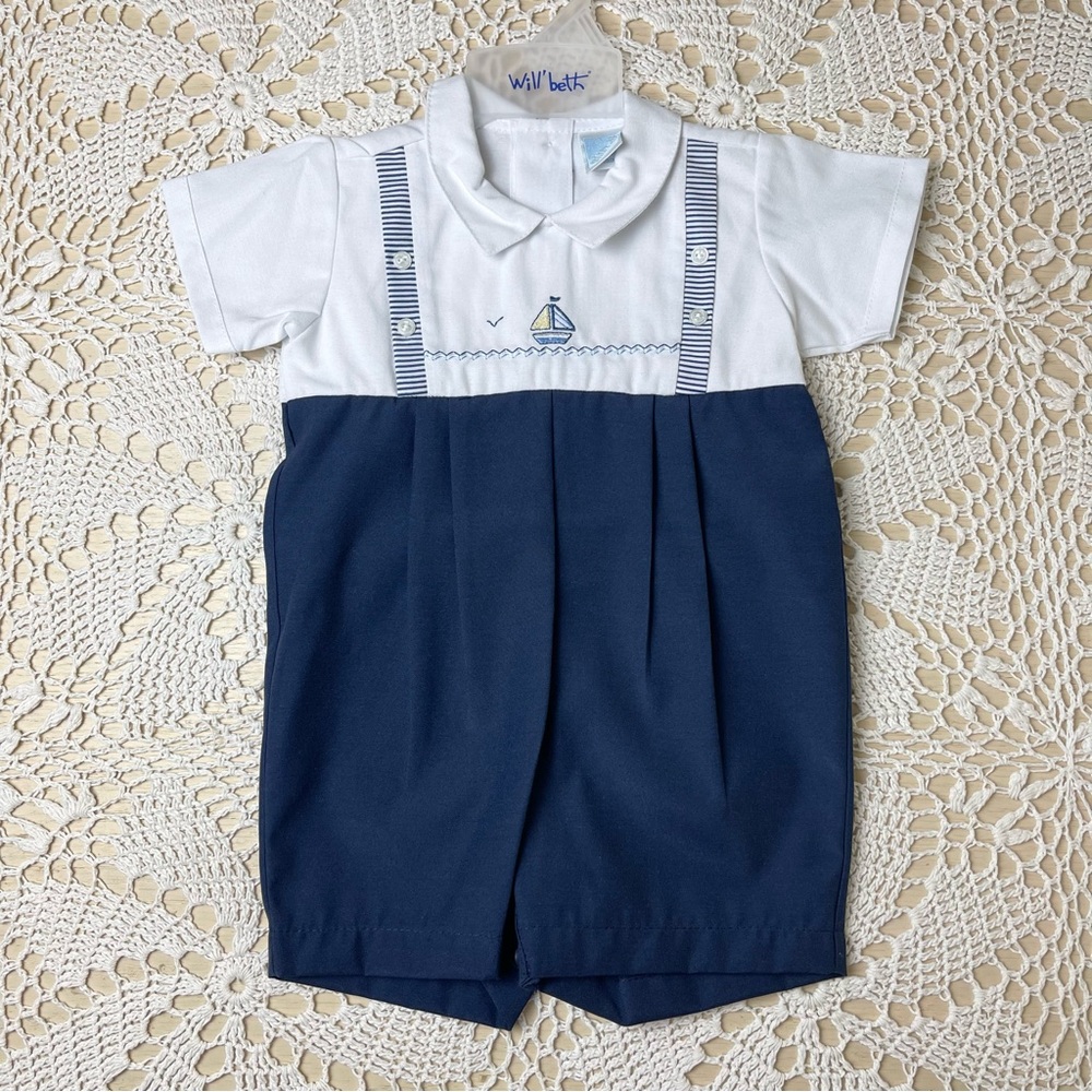 Will'Beth Baby Boy 12 Months Navy Sailboat Emroidered Nautical Romper NWOT